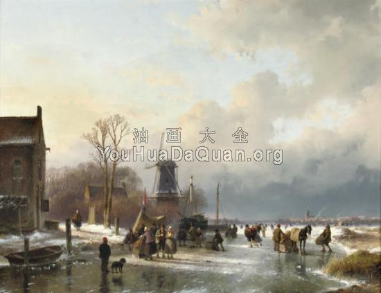 An extensive winter landscape with numerous villagers on the ice - 安德列亚斯·Schelfhout